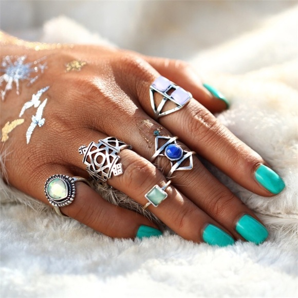 5 PCS Opal Crystal Mix Midi Ring Set - Picture 1 of 6
